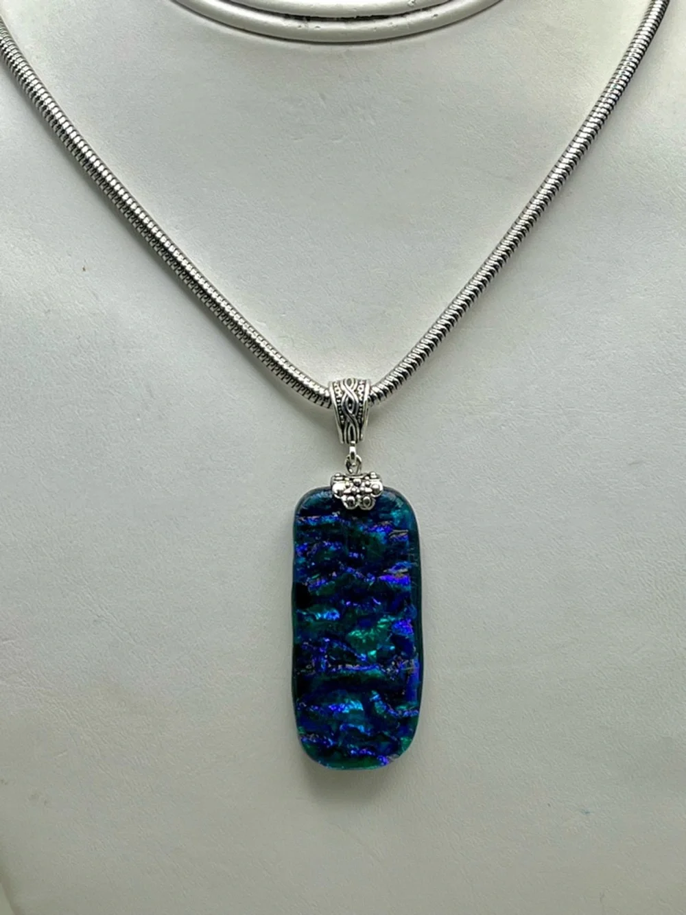 Sterling Silver Blue-Green Artisan Dichroic Glass Pendant Necklace - Picture 5 of 7